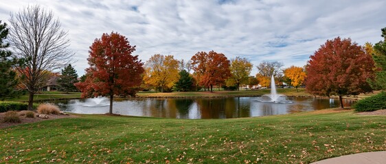 Naklejka premium The Autumn Park Pond with Fountain and Colorful Trees Landscape