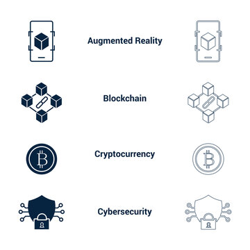 Advanced technology and digital security solid glyph vector icon set featuring smartphone AR projection, blockchain network nodes, bitcoin cryptocurrency, and cybersecurity shield padlock.