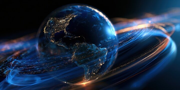 Global economic forecast with consensus percentage indicators, digital globe, flowing data ribbons, dark professional palette