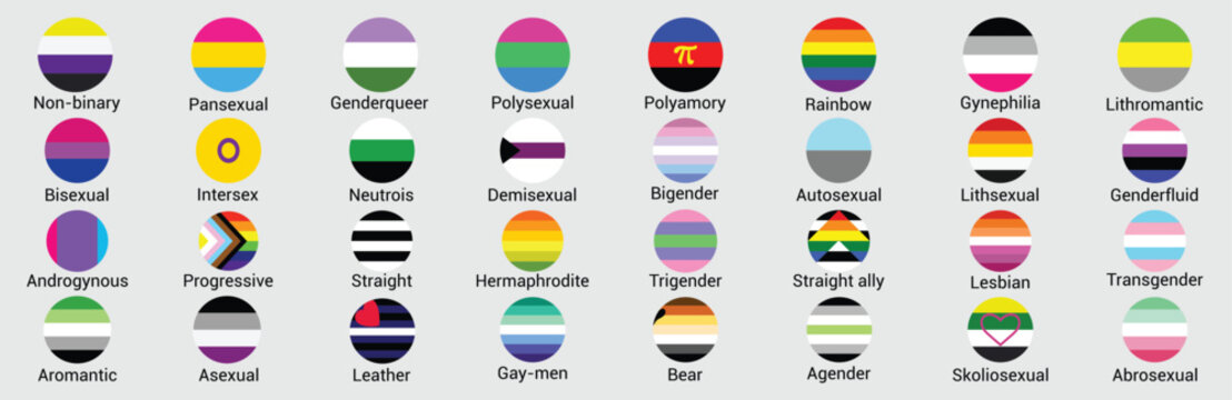 LGBT sexual identity pride flags collection. Rainbow lesbian, gay, bisexual, transgender, non-binary, pansexual, genderqueer, polysexual, polyamorous, gynephilia, lithromantic, intersex, etc.