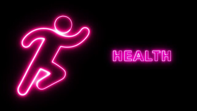 Pink Neon Glowing Fitness Figure Symbol With Health Text Sign For Active Lifestyle And Wellness Promotion Concept Design