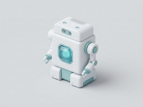 Isometric white robot with glowing blue chest panel on gray background
