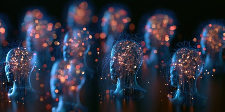 AI behavioral analysis with emotion signals, abstract face free human icons, neural connections, soft luminous interface, stock ready composition