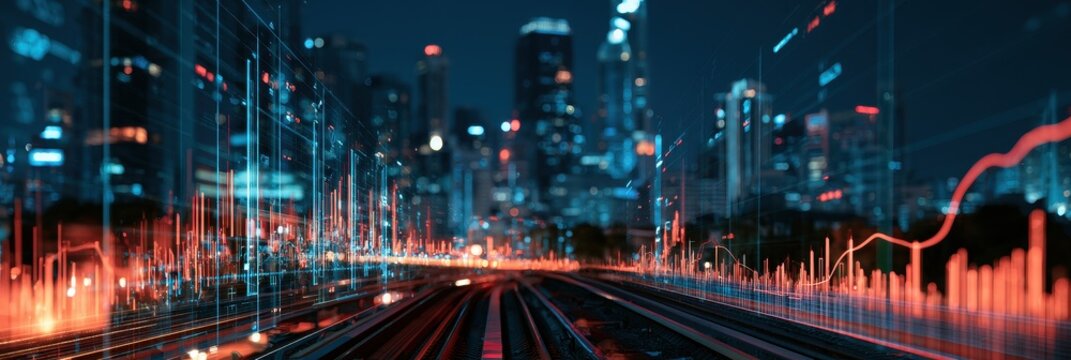 Future price pressure data, holographic cost analytics above city infrastructure, innovative economic forecasting concept