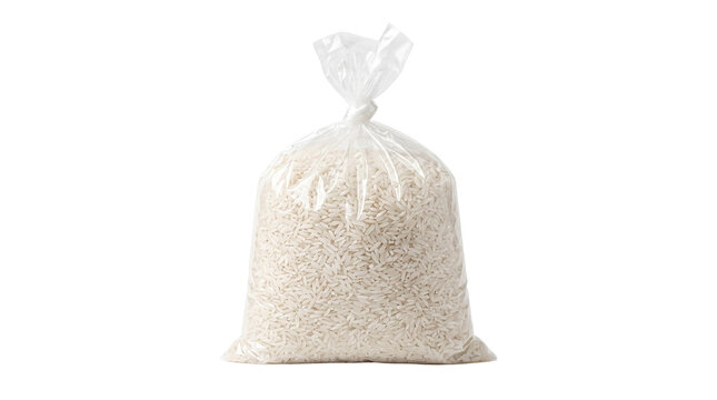 White rice in transparent plastic bag, dry long grain rice package, uncooked cereal grains for food storage and retail isolated PNG with Transparent Background