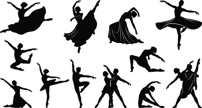 Elegant Ballet and Contemporary Dancers Silhouette Set Featuring Male and Female Performers in Leap Arabesque Pirouette and Partner Poses for Theater Graphic Designs