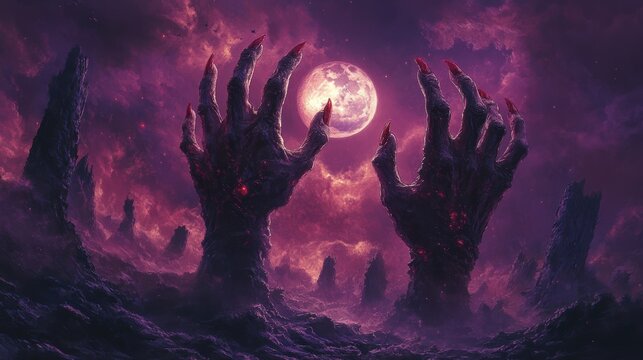 Bony pale hands of sexy woman vampire with sharp bloody red nails rising out from the ground,Halloween grave crosses,zombies at night,creepy hand coming out of the ground,halloween concept.