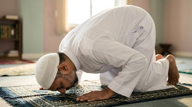 Devout Muslim man in traditional attire bowing in sujud during prayer session at home, peaceful spiritual moment