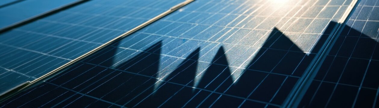 Solar panels casting shadows shaped like graphs, energy price trend, creative commercial concept