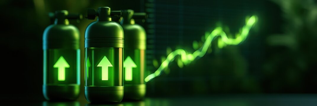 Hydrogen tanks beside green arrows and price graph, clean energy investment trend, minimal background