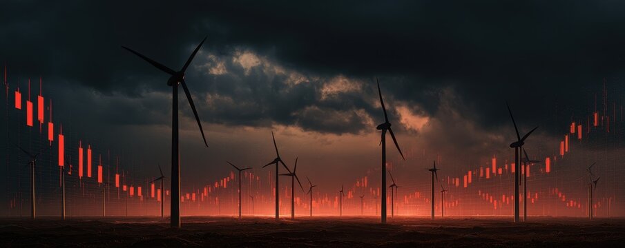 Wind farm under storm clouds with price candles, energy market volatility trend, dramatic realism