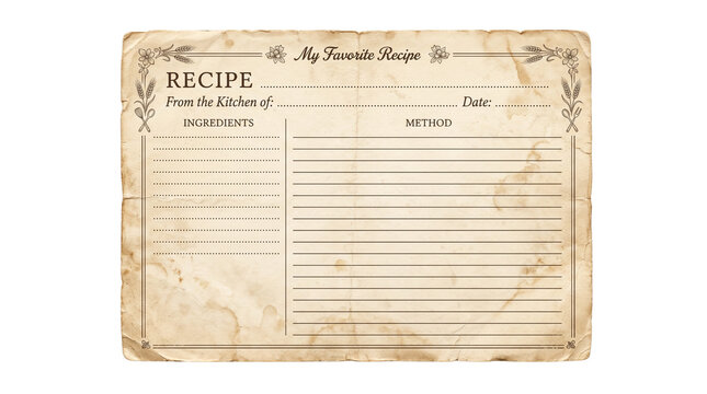 Vintage recipe card on aged paper, antique culinary template with ingredients and method sections, rustic kitchen stationery
