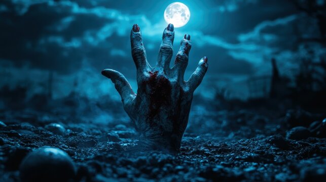Bony pale hands of sexy woman vampire with sharp bloody red nails rising out from the ground,Halloween grave crosses,zombies at night,creepy hand coming out of the ground,halloween concept.