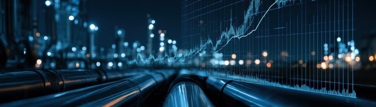 Crude oil demand pressure illustrated by converging pipelines beneath a rising market graph, dark industrial background, commercial finance concept