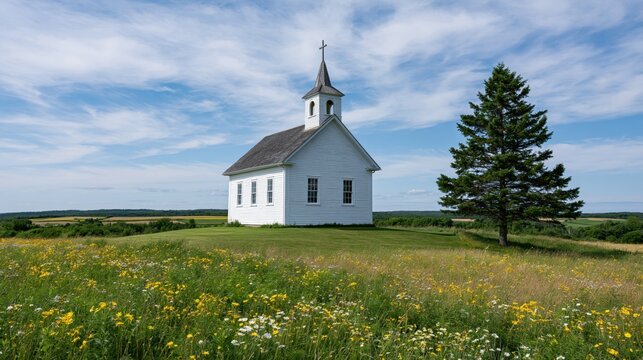 The White Church in a Quiet Rural Meadow Under Open Sky