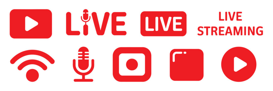 Live broadcast icon set, red streaming video symbols for social media websites mobile applications online media and digital communication