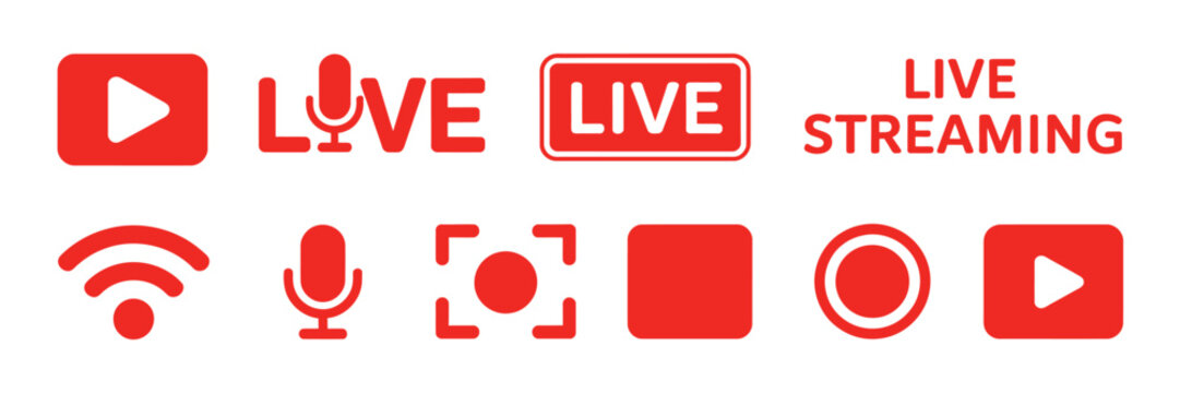 Live streaming icons, red video broadcasting symbols for social media platforms online events digital content creators and modern interfaces