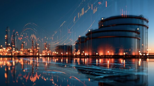 Crude oil demand forecast beside stacked storage tanks and digital market indicators, futuristic refinery environment, ample copy space