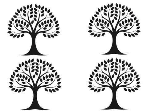 Symmetrical Tree Silhouette Vector Illustration Set With Lush Leaves