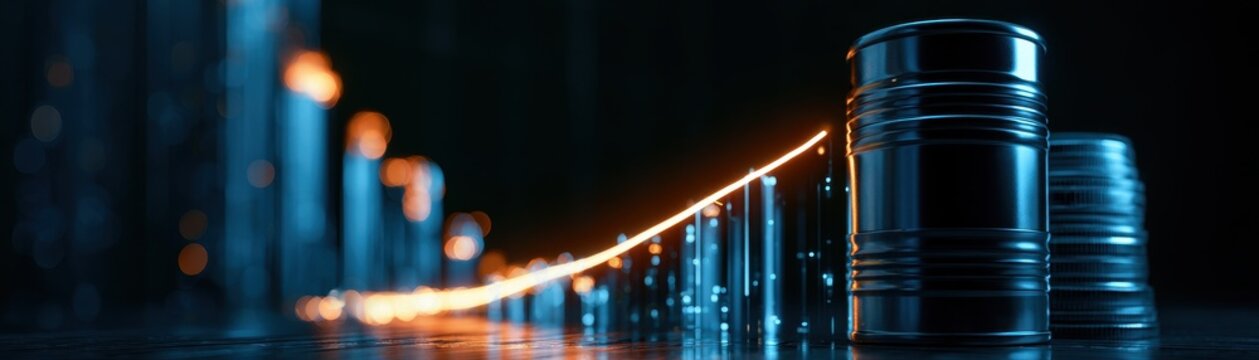Energy cost inflation, gasoline barrel connected to ascending digital graph, futuristic clean business visualization