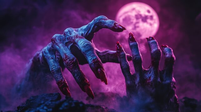 Bony pale hands of sexy woman vampire with sharp bloody red nails rising out from the ground,Halloween grave crosses,zombies at night,creepy hand coming out of the ground,halloween concept.