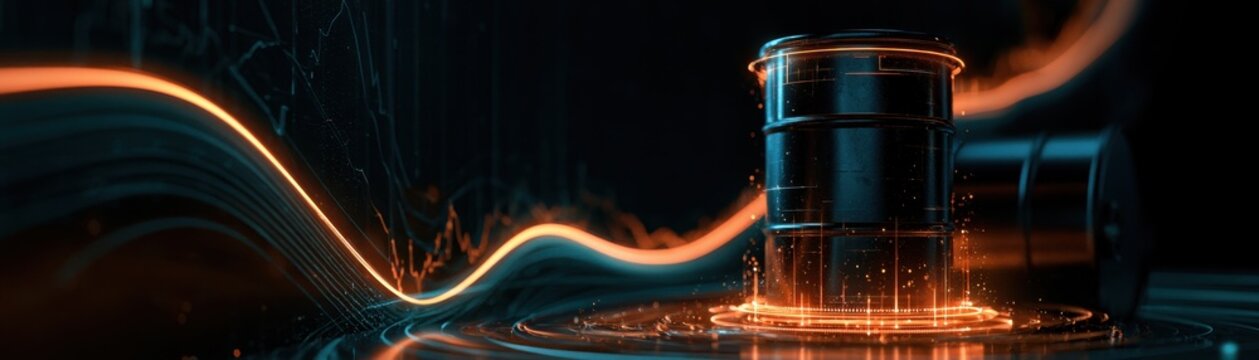 Inflation driven by fuel costs, glowing fuel barrel beside escalating graph lines, futuristic economic visualization