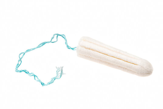 White feminine hygiene tampon with blue string