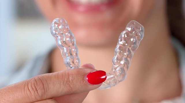Woman Smiles While Holding Clear Dental Guards