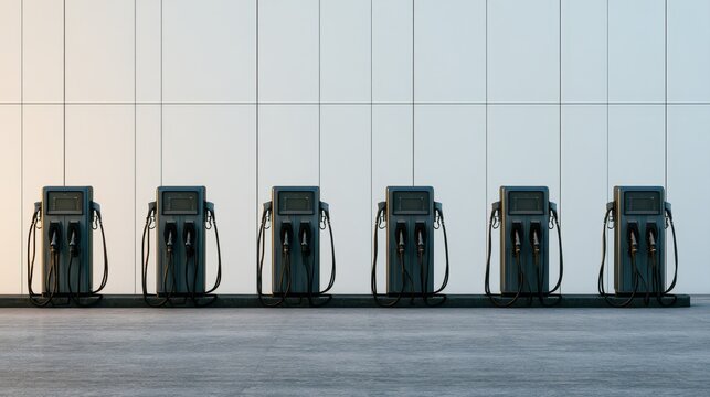 Rows of silent fuel pumps at empty depot, oil supply disruption, minimal composition, neutral background, stock photo style