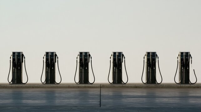 Rows of silent fuel pumps at empty depot, oil supply disruption, minimal composition, neutral background, stock photo style