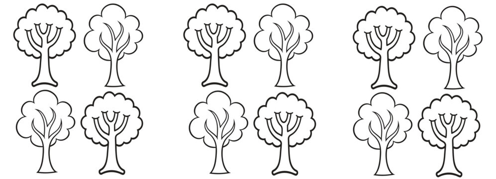 Tree Outline Black And White Vector Illustration Set For Coloring Books