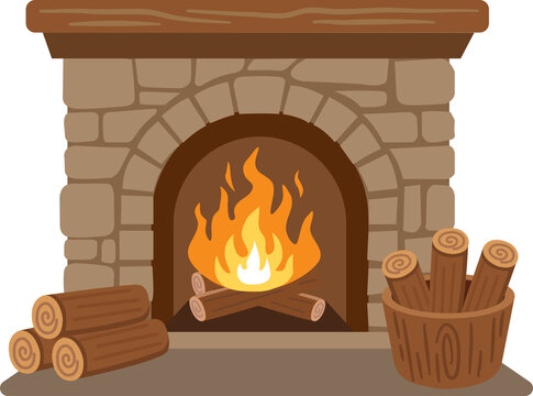 Brick fireplace with logs in a bucket