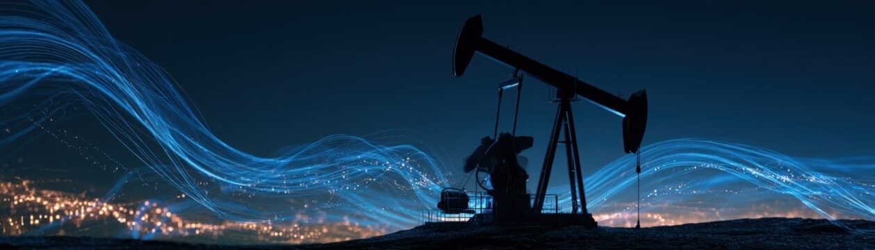 Oil pumpjack surrounded by abstract waves of fluctuating data, crude price volatility, innovative energy economics concept, ample copy space