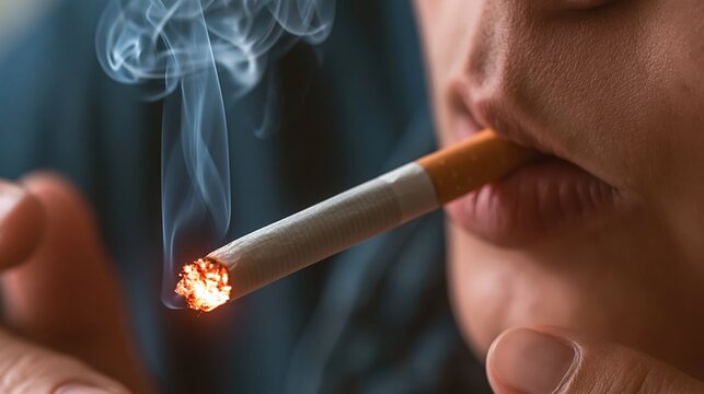 Close-up of a person exhaling smoke from a lit cigarette, highlighting the glowing ember and wisps of smoke