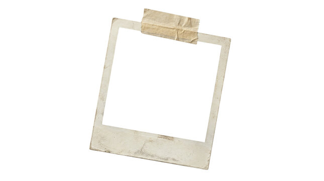 Vintage instant photo frame with masking tape, aged polaroid border for scrapbooking, retro paper picture frame isolated PNG with Transparent Background
