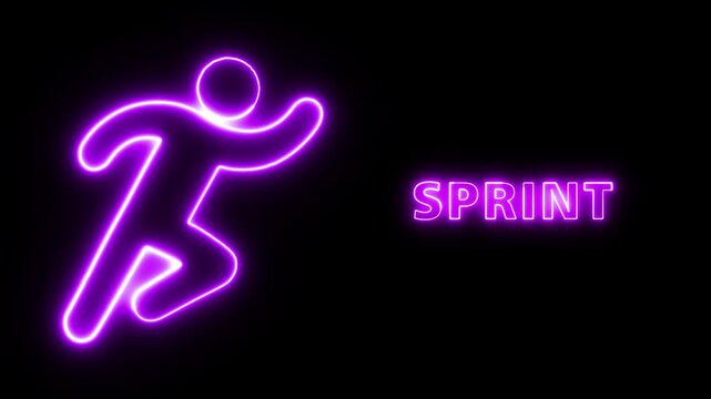 Neon glowing purple running person icon with sprint text sign for athletic training gym fitness concepts and sports activity motivation design