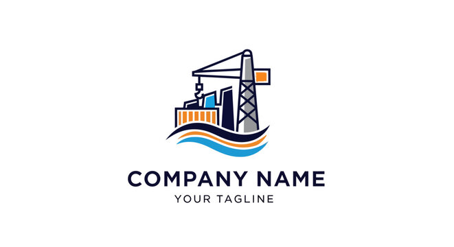 Minimalist crane and ship logo design for maritime business branding.