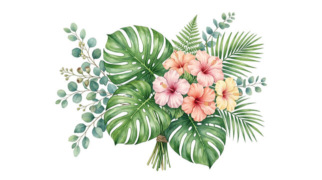 Tropical watercolor hibiscus bouquet, exotic monstera and palm leaf arrangement, summer floral wedding invitation art isolated PNG with Transparent Background