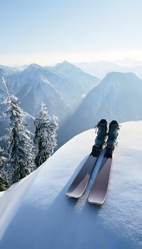 High End Alpine Skis and Touring Boots on a Pristine Snowy Ridge Overlooking Vast Mountain Peaks