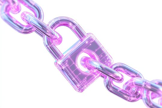 A translucent, glowing padlock secures a digital blockchain, symbolizing security and data integrity in a futuristic abstract visualization.