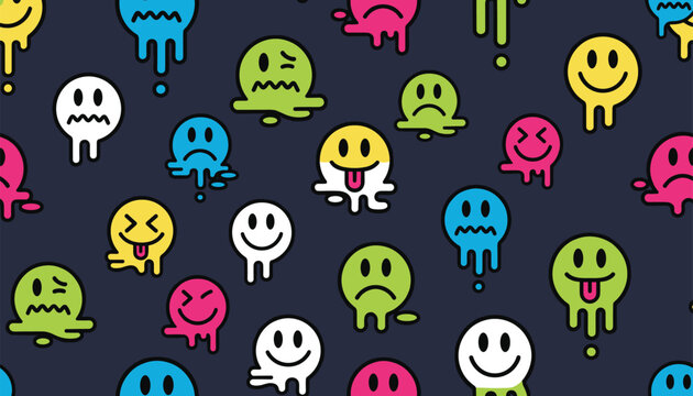 Seamless pattern featuring colorful dripping smiley face emoticons in vibrant colors on a dark background for fun and trendy designs.