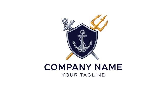 Shield logo with anchor and crossed trident and sword for maritime business.