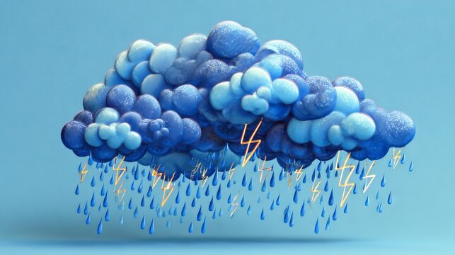 32.3D stylized storm cloud cluster in black, blue, and white tones, rounded puffy cloud shapes with glossy texture, bright zigzag lightning bolts emerging from base, dense rain droplets falling in