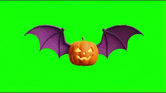 Flying Jack-o-lantern with bat wings on a green screen background,chroma key