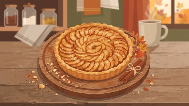 Rustic apple tart with caramelized fruit and cinnamon on a wooden board in a warm flat design illustration for autumn baking, bakery and dessert concepts.