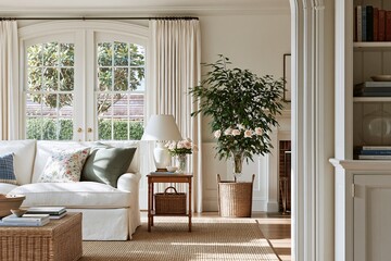 Obraz premium Elegant and inviting living room interior with natural light, comfortable sofa, and lush green plant