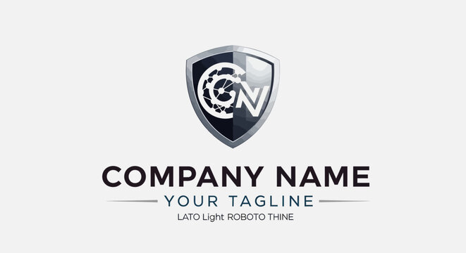Modern shield logo design with abstract gear symbol for business branding.