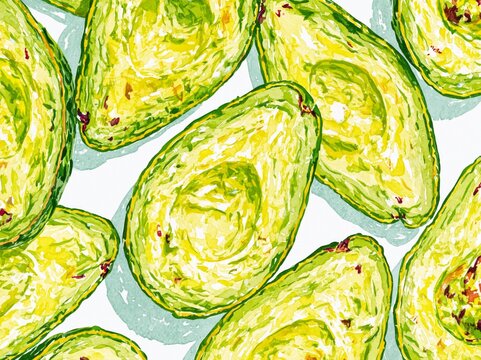 Avocados watercolor illustration showing pitless halves arranged in a repetitive pattern