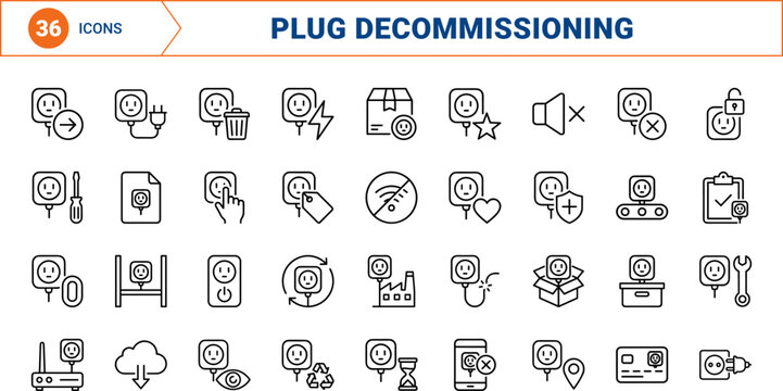 Smart Plug Decommissioning Web Icon Set in Linear Style. Collection of Device Retirement line icons, including removal, recycling, disconnection, unpairing, hardware disposal, system cleanup.