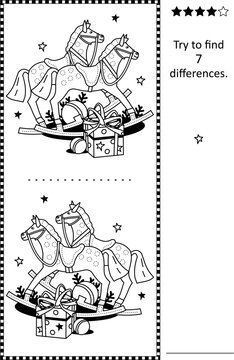Horses and gift box difference game and coloring page of two mirrored pictures
